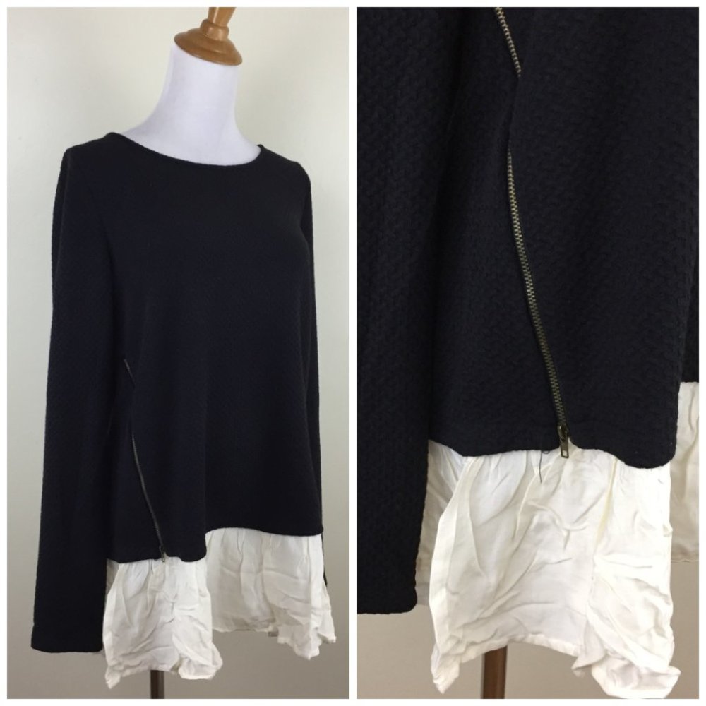 NWOT COMME TOI Black Ivory Textured Mix Fabric Working Zipper Long Sleeve Shirt
